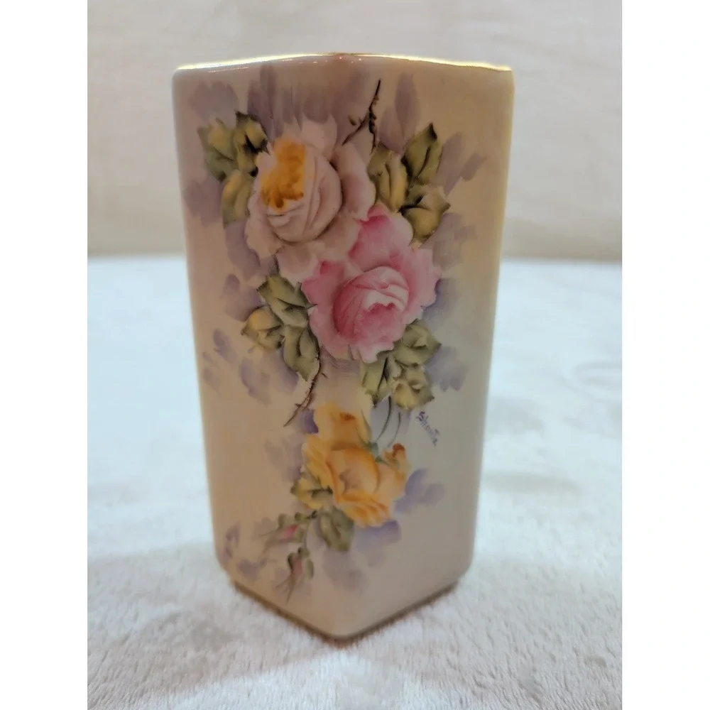 Vintage Weisley China Hand Painted Floral Bud Vase Gold Rim Signed Shantz 4.5